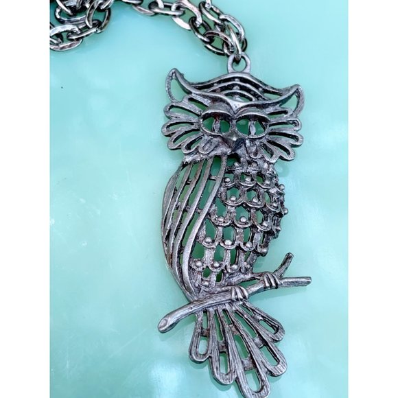 Vintage 1970s Pewter Owl Pendant Necklace Retro - Picture 2 of 10